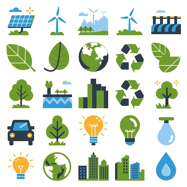 a collection of different icons including eco friendly buildings