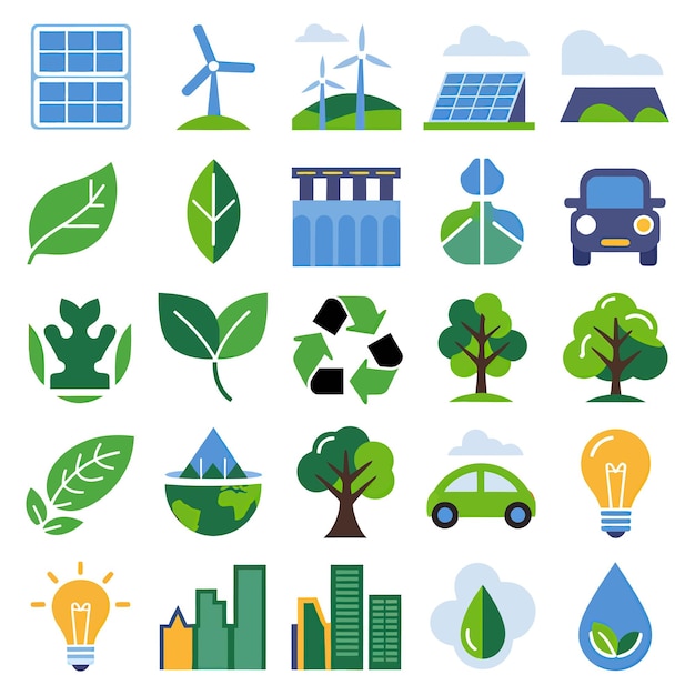 a collection of different icons including a solar system a tree and a building with a blue sky