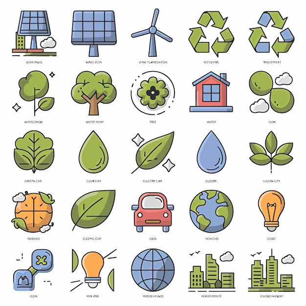 Vector a collection of different icons including a solar system the word eco and the word eco