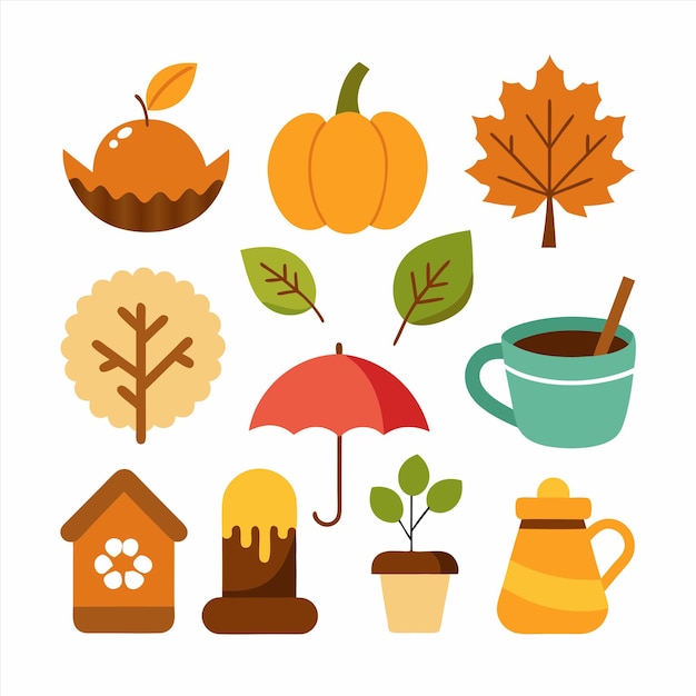 Vector a collection of different images including pumpkins a maple leaf and a red umbrella