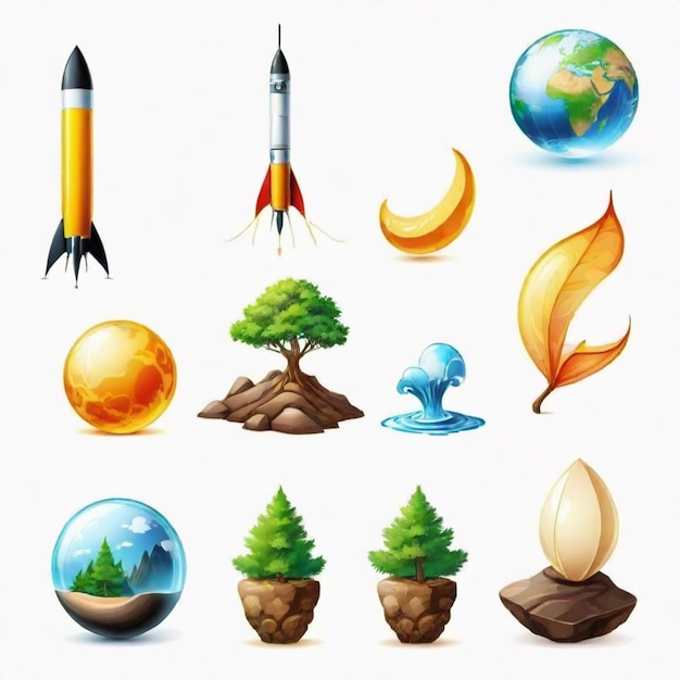 Vector a collection of different images including a rocket a tree and a planet