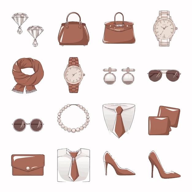 Vector a collection of different items including a brown leather handbag sunglasses and a purse