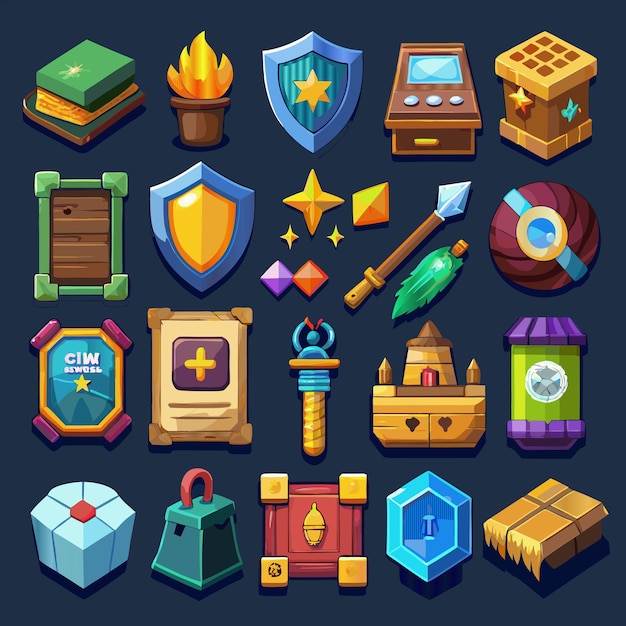 Vector a collection of different items including a shield a dragon and a dragon