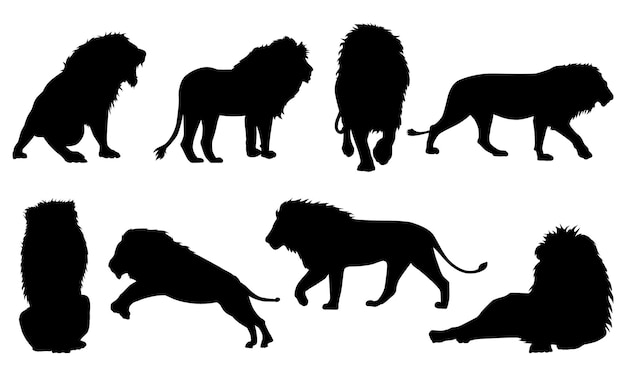 Vector collection of different lion silhouettes isolated white background