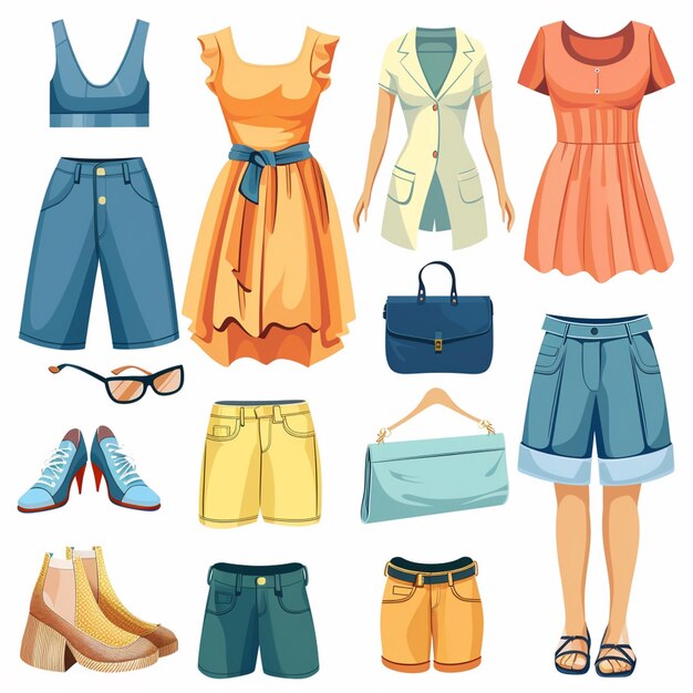 Vector a collection of different outfits including a dress shoes and a bag