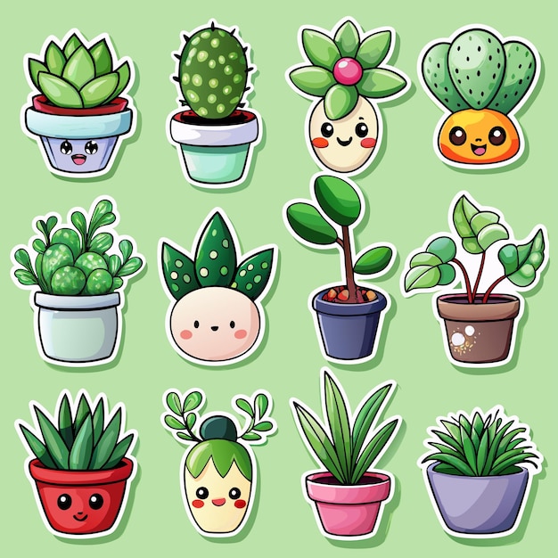 a collection of different potted plants including a face and a face