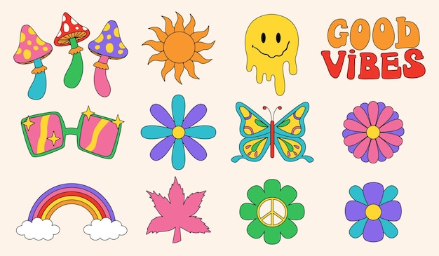 Collection of different psychedelic groovy elements Hippie retro vintage clipart in 70s80s style