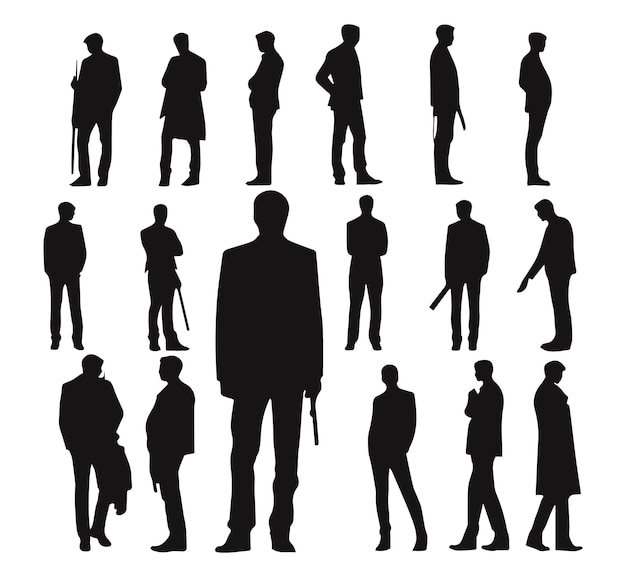 Vector collection of different silhouette male body posing with business working suit isolated vector