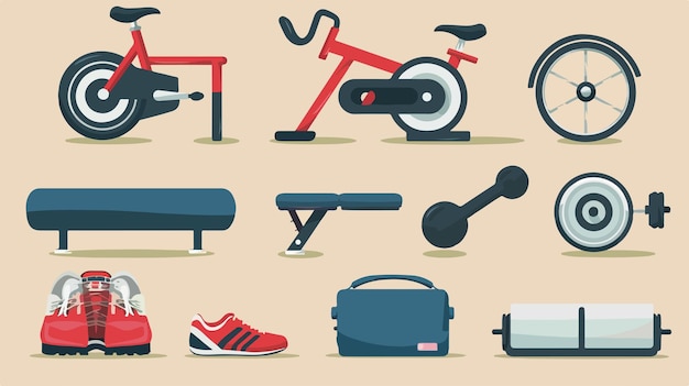 a collection of different sports equipment including a bicycle a bag and a bag