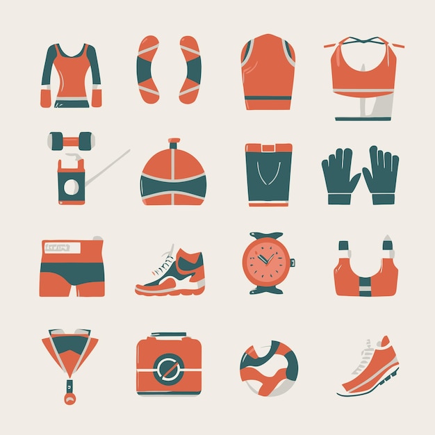 a collection of different sports items including a female outfit