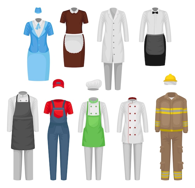 Vector collection of different staff clothing clothes of restaurant workers maid stewardess firefighter male and female garment workwear theme flat vector illustrations isolated on white background