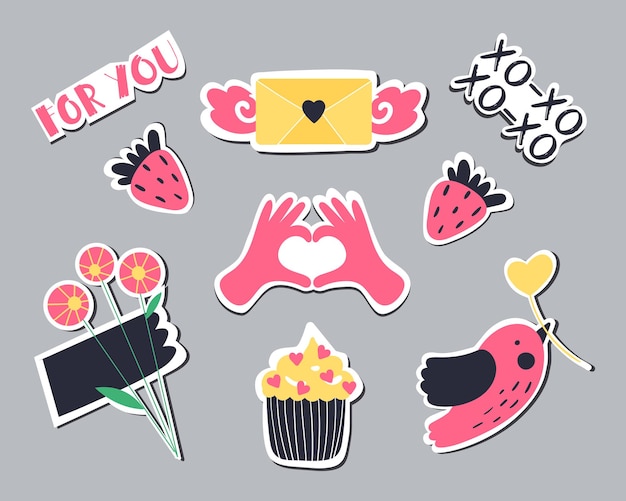 collection of different stickers for valentines day