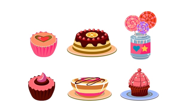 Collection of different sweets Tasty cupcakes jelly cake and lollipops in glass jar Delicious desserts Cartoon vector illustrations Colorful icons in flat style isolated on white background