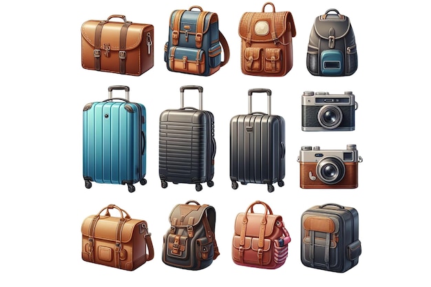 a collection of different types of bags including one that has a camera on it