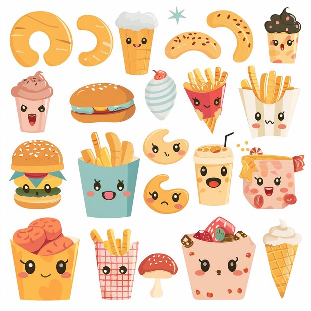 Vector a collection of different types of food including a cartoon character