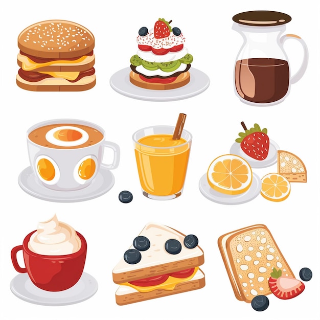 a collection of different types of food including a sandwich coffee and fruit