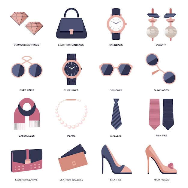 a collection of different types of women  s accessories including a watch and sunglasses