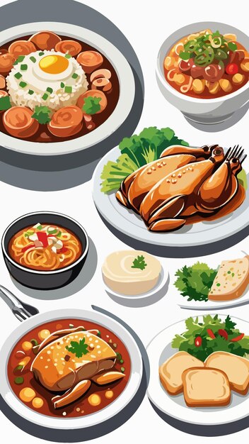 a collection of dinner foods cartoon drawing artwork vector