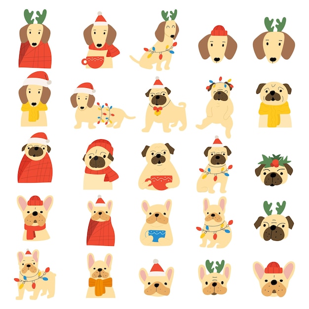 Collection of dogs for Christmas concept Pug French bulldog dachshund Hand drawn vector illustra