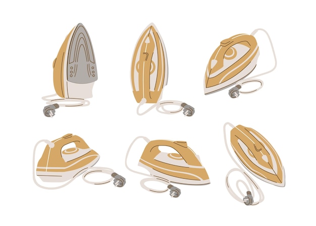 Collection of domestic clothes irons shown from different angles. Set of electric household appliances isolated on white background. Home tool for ironing. Flat cartoon colorful vector illustration.