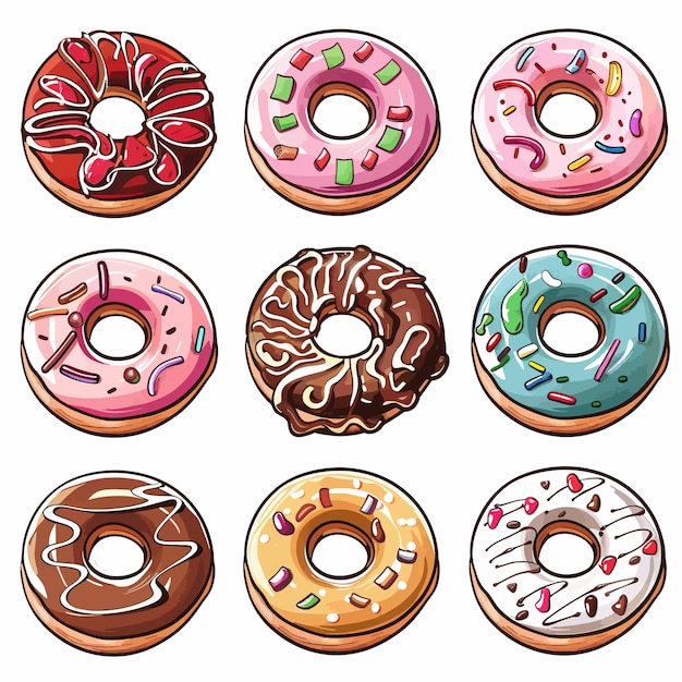 a collection of donuts with different colors and shapes