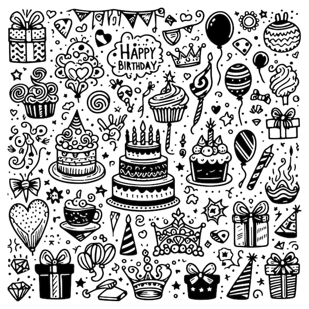 Collection of doodle birthday vector elements set Vector illustration