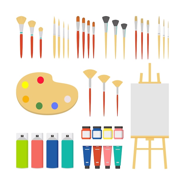 Collection of drawing tools for painter in many set in flat element style.