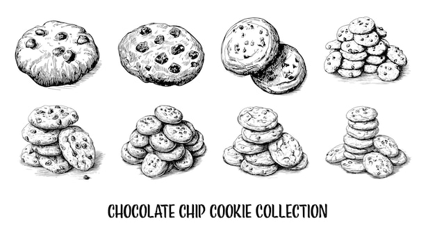 Vector collection of drawn choco chip cookies