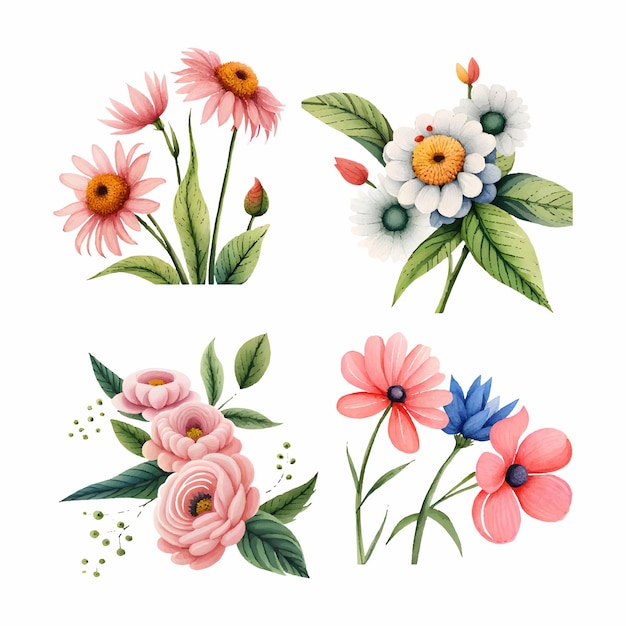 Collection of drawn watercolor flowers