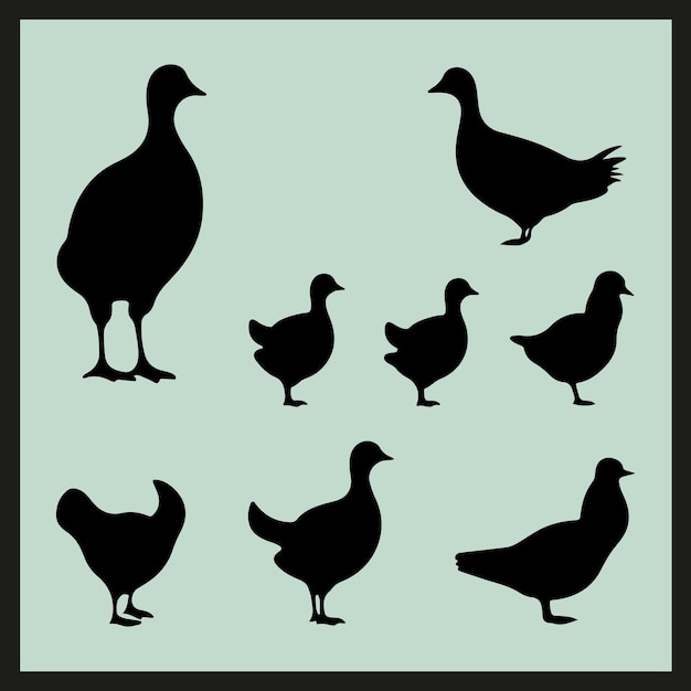 a collection of ducks and geese are displayed in a green background