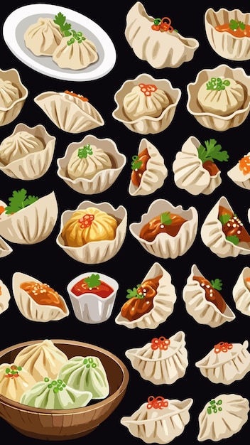 A collection of dumplings cartoon drawing illustration artwork vector