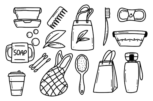 Collection of durable and reusable items or Zero Waste products glass jars ecofriendly grocery bags wooden comb toothbrush container thermo mug vector illustrationDoodle style