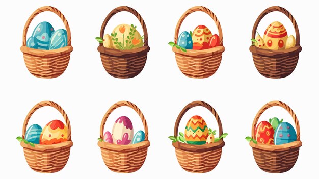 Vector a collection of easter eggs in a basket with a picture of eggs