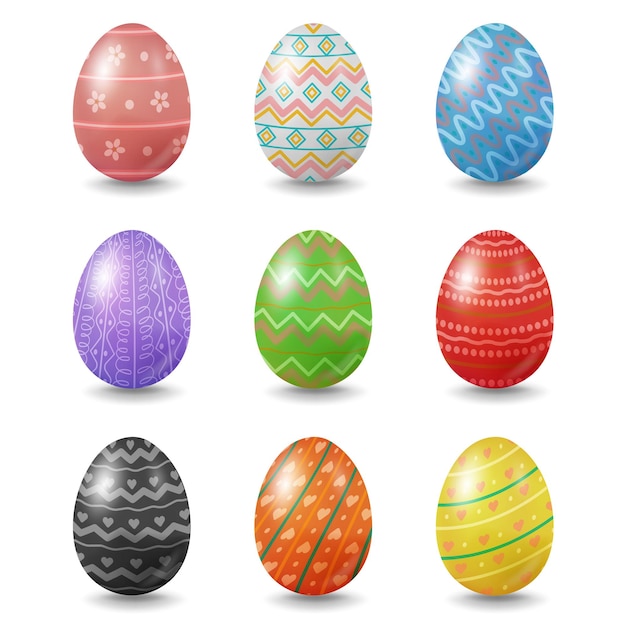 A collection of Easter eggs in different colors and patterns