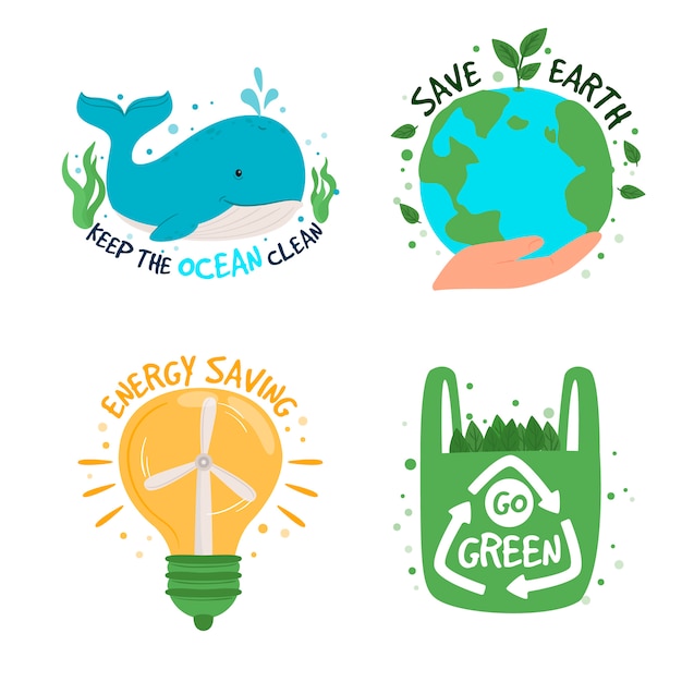 Collection of ecology stickers with slogans - zero waste, recycle, eco friendly tools, environment protection.