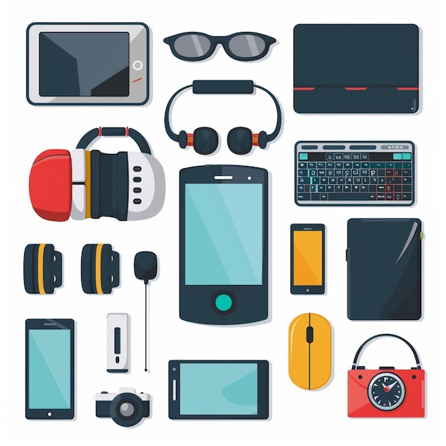 Vector a collection of electronic devices including a cell phone headphones and a camera