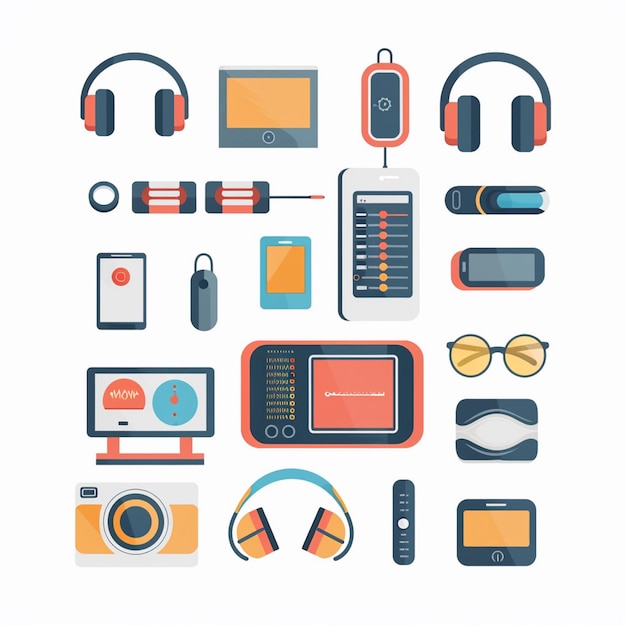 Vector a collection of electronic devices including one that says  headphones