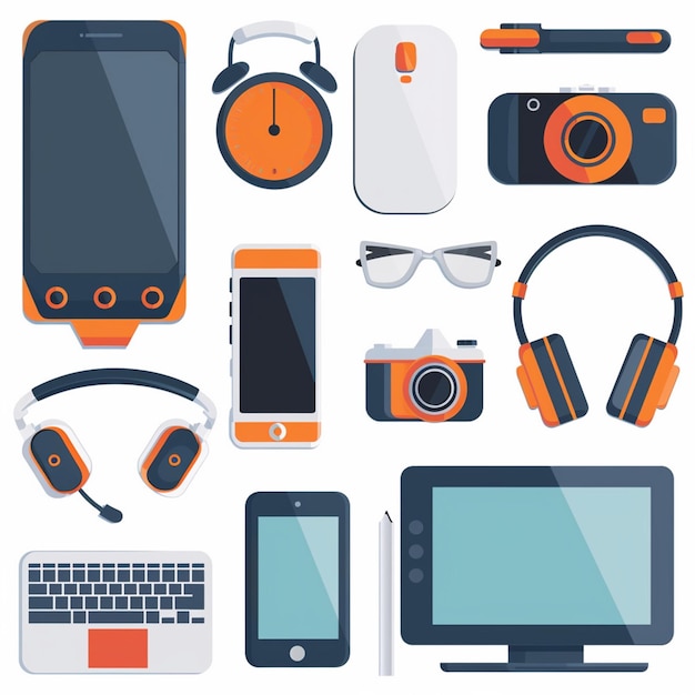 Vector a collection of electronic gadgets including orange headphones a keyboard and a camera