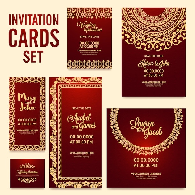 Collection of Elegant Golden Mandala style design for Wedding Invitation Cards Set