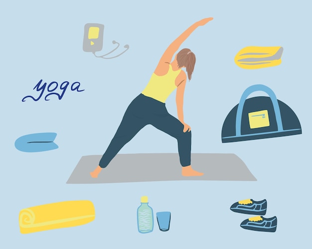 Collection of elements for yoga at home, fitness and sports at home, in the gym, yoga positions set