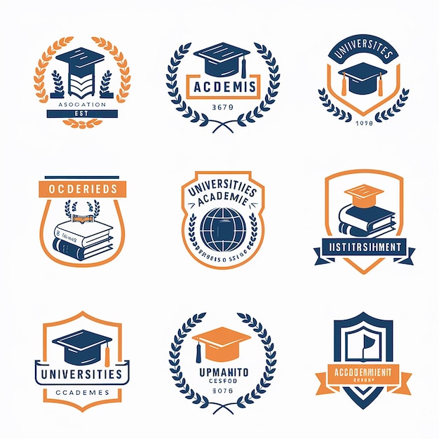 A collection of emblems and logos predominantly in shades of blue and orange