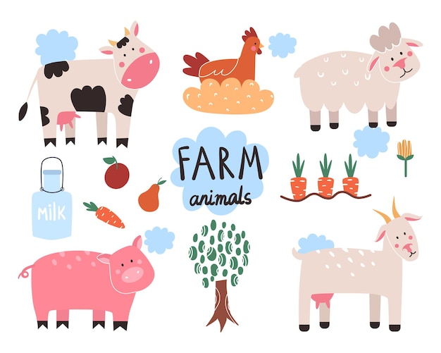 collection of farm animals in cartoon style cow chicken sheep goat pig