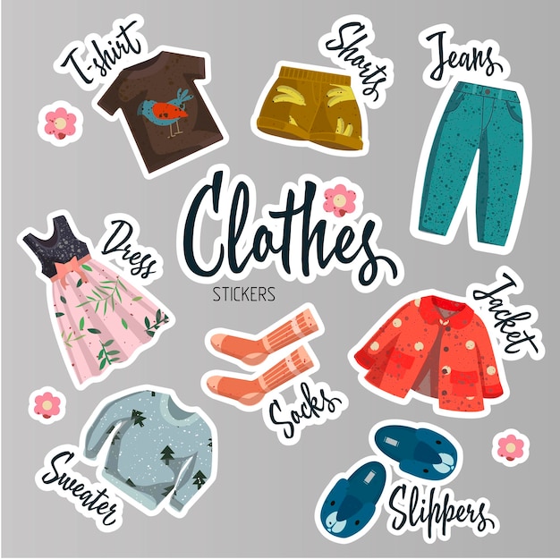 Collection of fashionable children's clothing isolated on white background vector illustration