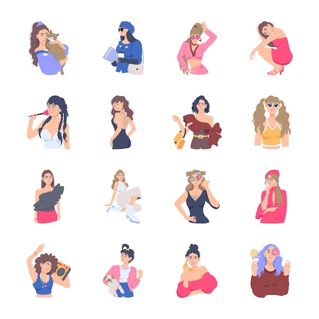 Collection of Fashionable Ladies Flat Illustrations