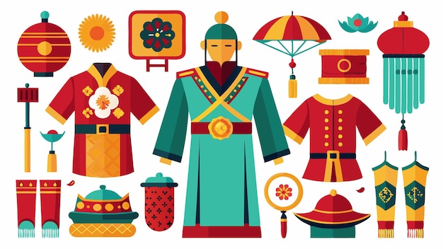 Vector collection of fashionable traditional chinese clothing and accessories