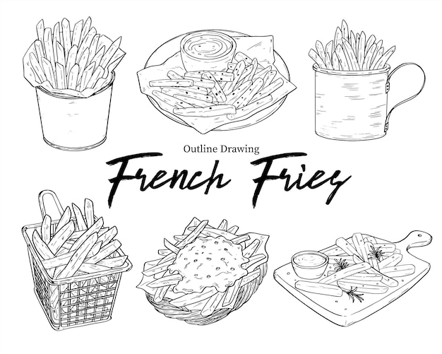 Vector collection of fast food french fries outline drawing vector illustration