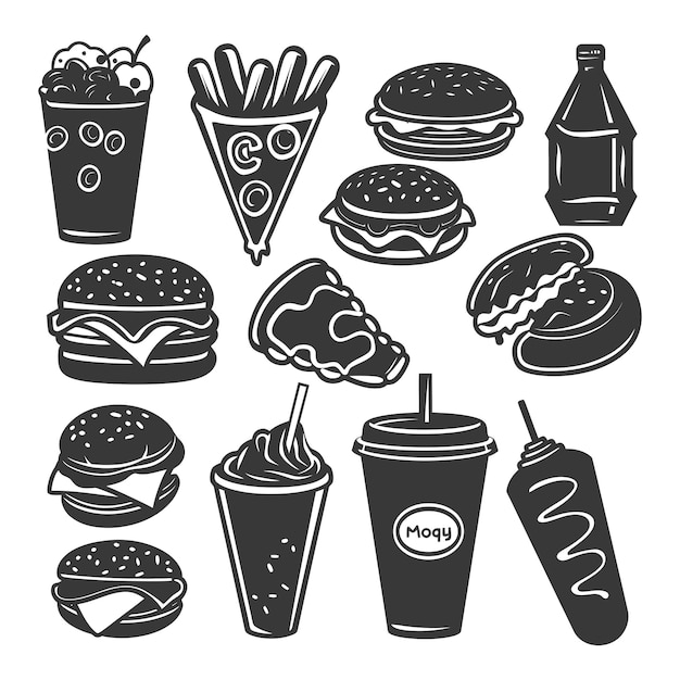 Vector a collection of fast food icons in black and white