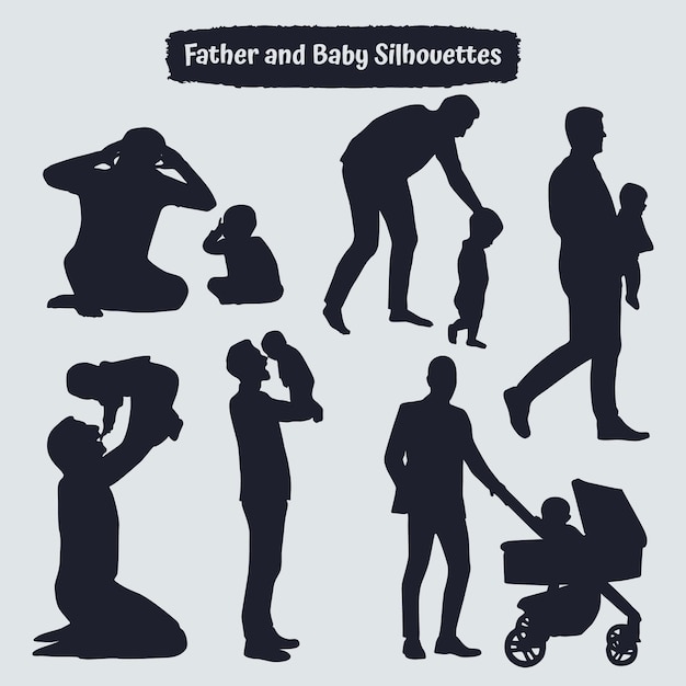 Collection of Father and son or dad and baby Silhouettes in different poses set