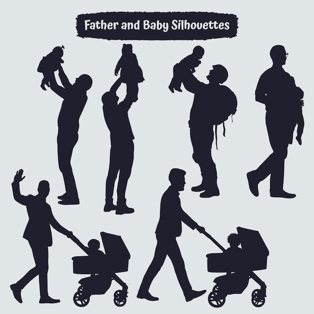 Collection of Father and son or dad and baby Silhouettes in different poses set