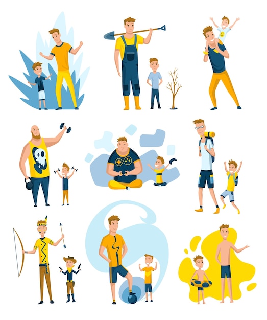 Collection of fathers who spend time with sons Dads and sons happy family concept Fatherhood flat cartoon vector illustration Outdoor activity